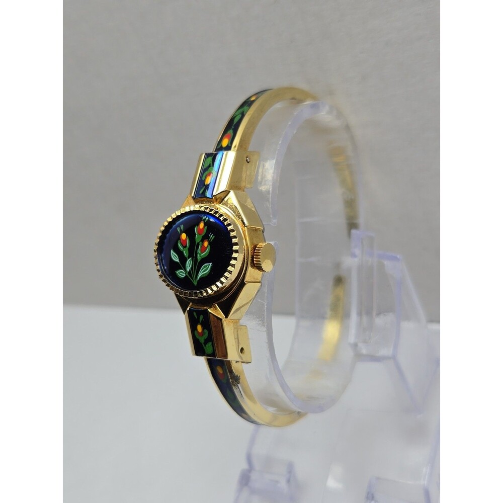 Vintage Alfex Swiss Floral Enamel Hidden Dial Bangle Manual Wind Watch Works - Picture 2 of 16